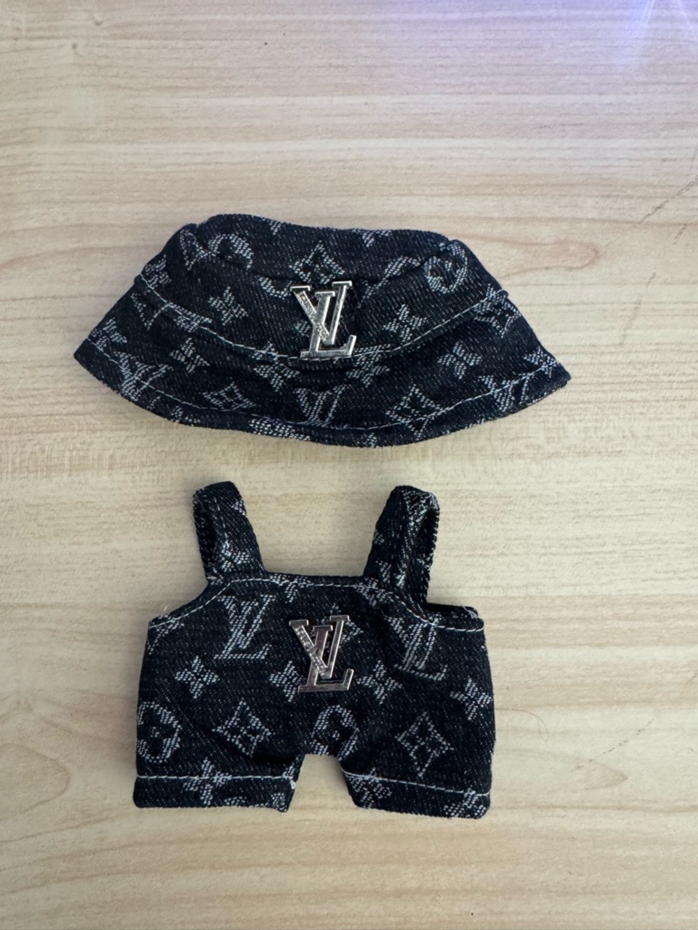 Louis Vuitton Labubu Black Denim Bucket Hat & Overalls Set